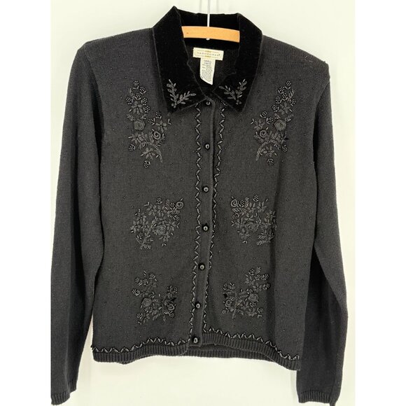 Vintage Yarnworks Embroidered Knit Cardigan Black S Ramie/Cotton Blend Womens Bu - Picture 1 of 6